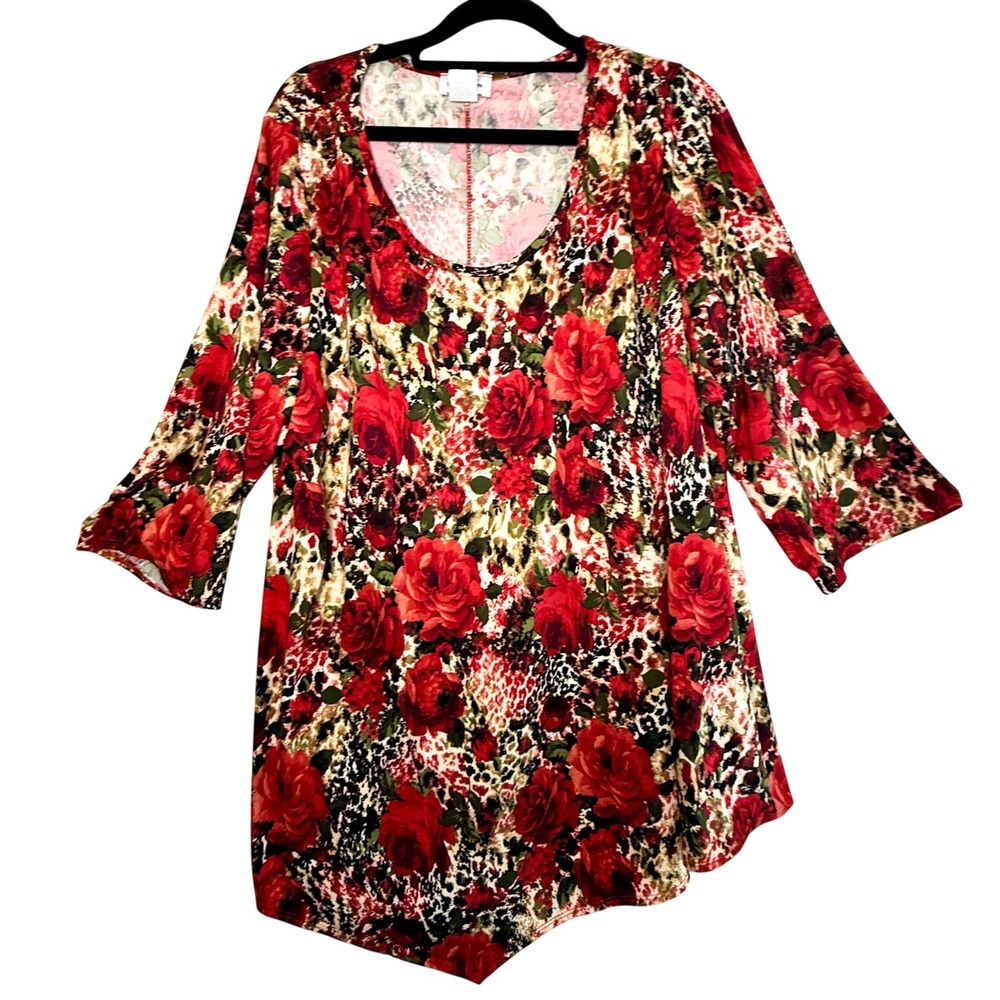 Star Vixen 3X Rose Leopard Animal Print Tunic Top Asymmetrical Hem Y2K